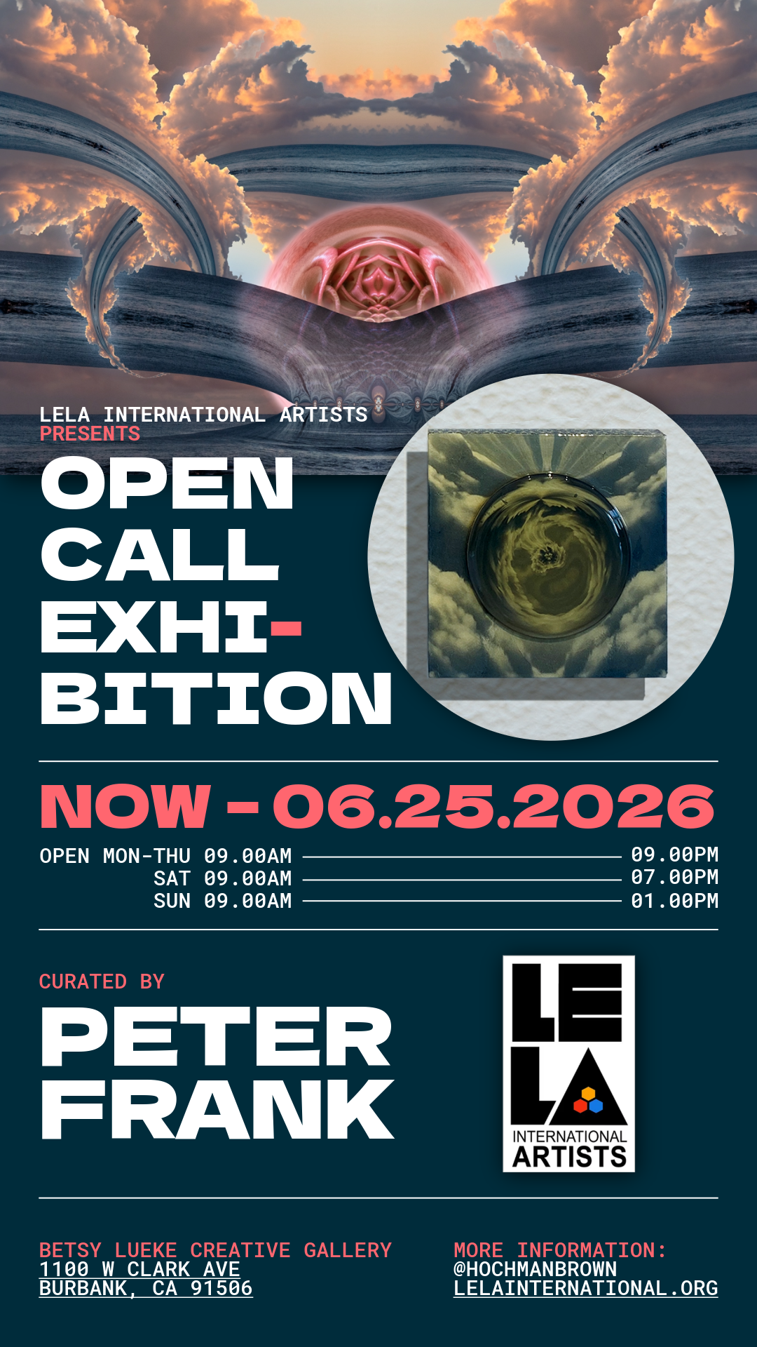 Karen Hochman Brown current exhibition poster displaying her artwork accepted into LELA International Open Call Exhibition juried by Peter Frank